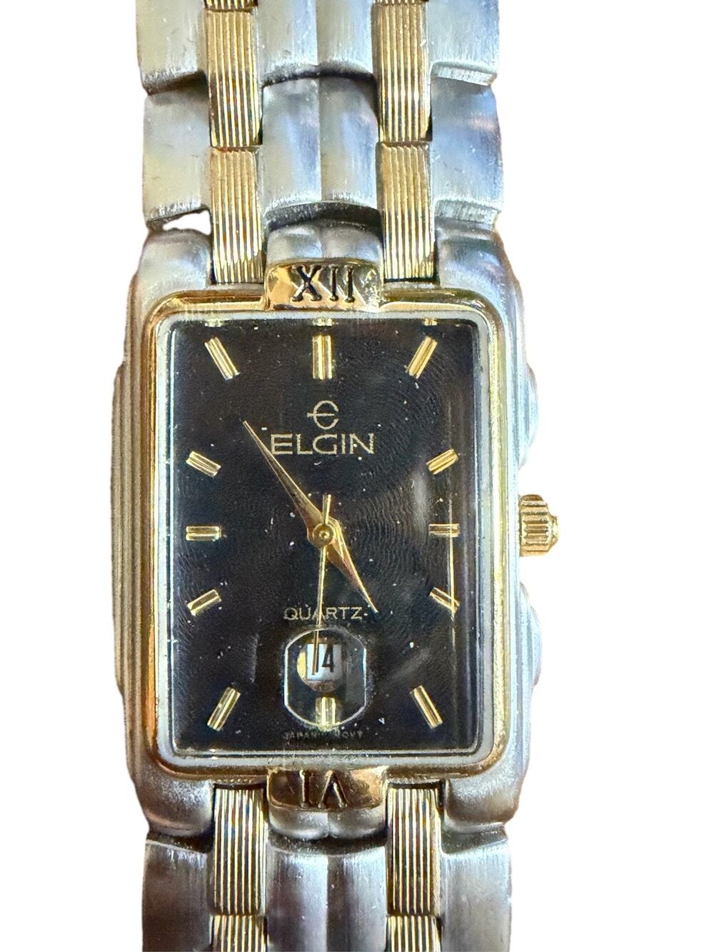 Elgin Men's Tank Watch Two-Tone Bracelet Black Dial Date Quartz
